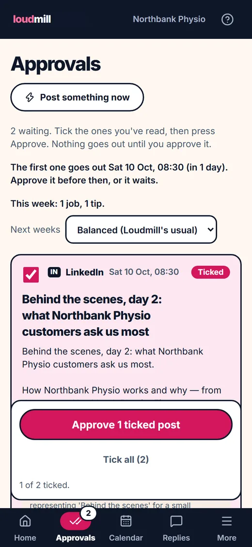 Approvals on a phone: 2 drafts waiting, the first LinkedIn draft ticked, and a button reading Approve 1 ticked post above Tick all (2).