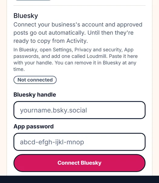 Settings, Connections, Bluesky row marked Not connected, with boxes for Bluesky handle (yourname.bsky.social) and App password (abcd-efgh-ijkl-mnop) and a Connect Bluesky button.