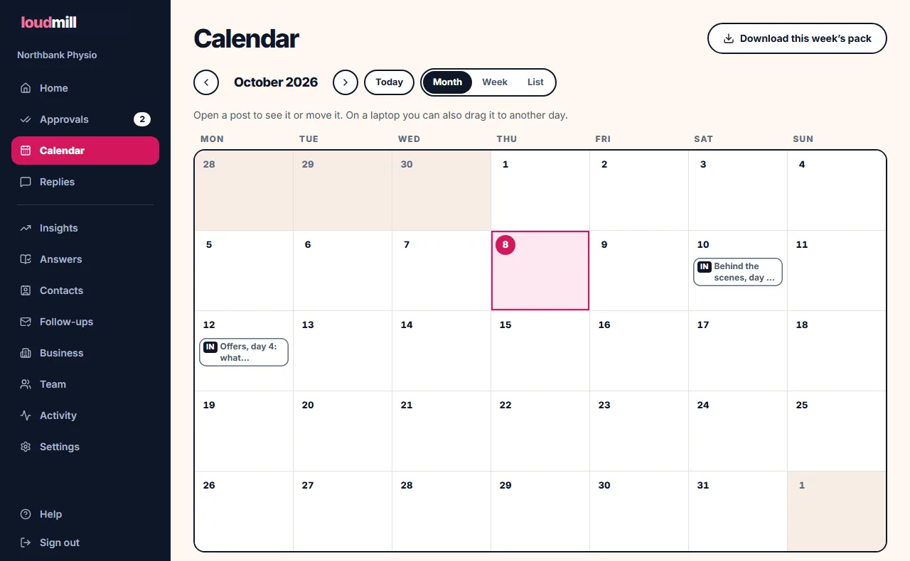 The calendar on a laptop in Month view for October 2026, with two LinkedIn drafts on the 10th and the 12th and a Download this week's pack button.