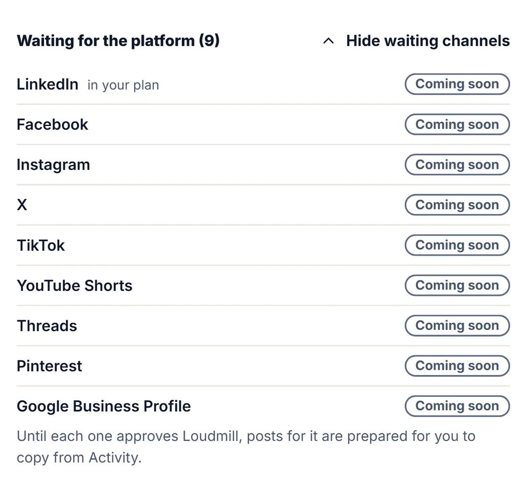 Settings, Connections: Waiting for the platform (9). LinkedIn, Facebook, Instagram, X, TikTok, YouTube Shorts, Threads, Pinterest and Google Business Profile, each marked Coming soon.