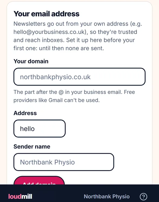 Settings, Your email address: boxes for Your domain, Address (hello) and Sender name, and an Add domain button.