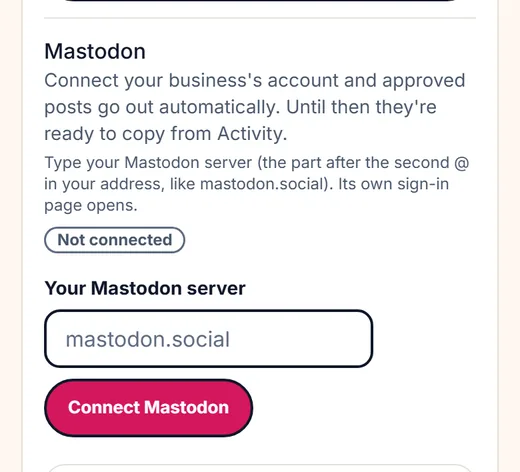 Settings, Connections, Mastodon row marked Not connected, with a Your Mastodon server box (mastodon.social) and a Connect Mastodon button.