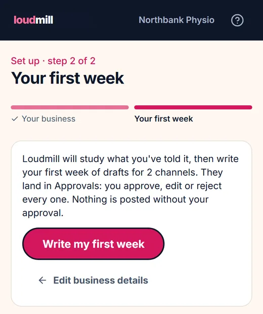 Set up, Your first week: a Write my first week button and an Edit business details link.
