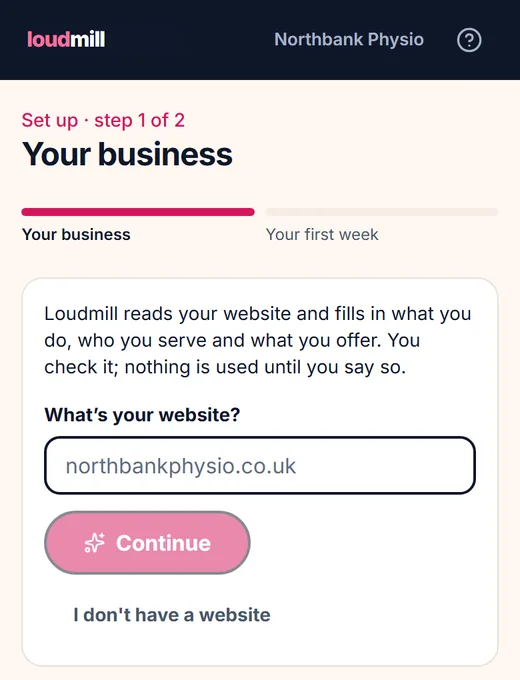 Set up, step 1 of 2: a box headed What's your website?, a Continue button, and an I don't have a website link.