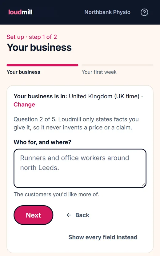 Question 2 of 5, Who for, and where?, with the line Your business is in: United Kingdom (UK time) and a Change link above it.